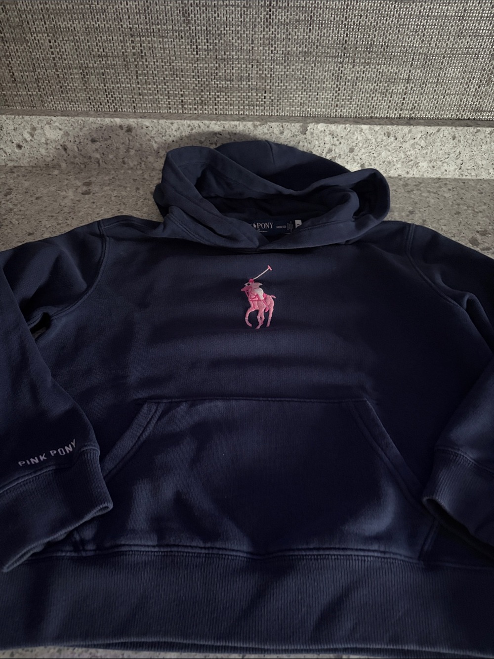 Kids Navy Hoodie with Pink Polo Player Logo - Pink Pony